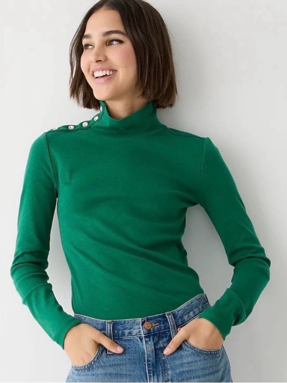 J. Crew Green Perfect Fit Jewel Button Turtleneck